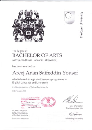 vLN
(U
C,
=C
(U
(f-
O
(u
The degree of
BACI-IELOR OF ARTS
with Second Class Honours (1st Division)
has been awarded to
I r,,s is to cenifo that this is a true copy
oi,t, ,ngin., i cegfldovrnltad which I
Areej Anan Saifeddin Yousef
who foItowed an approved Honours programme in
English Language and Literature
A validated programme at The Arab 0pen University
17th February 2077
An award validated
under the authority
of the Royal Charter
of The Open University
Certificate No. 6898/14131 0
Vice Chance[[or
The 0pen Unlversity
{fi}J'u^
Unlverslty Secretary
 