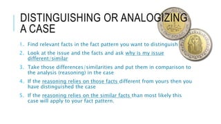 DISTINGUISHING OR ANALOGIZING
A CASE
1. Find relevant facts in the fact pattern you want to distinguish
2. Look at the issue and the facts and ask why is my issue
different/similar
3. Take those differences/similarities and put them in comparison to
the analysis (reasoning) in the case
4. If the reasoning relies on those facts different from yours then you
have distinguished the case
5. If the reasoning relies on the similar facts than most likely this
case will apply to your fact pattern.
 