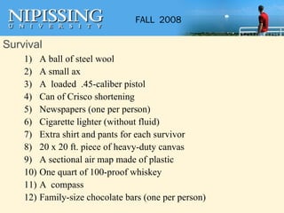 Survival A ball of steel wool A small ax A  loaded  .45-caliber pistol Can of Crisco shortening Newspapers (one per person) Cigarette lighter (without fluid) Extra shirt and pants for each survivor 20 x 20 ft. piece of heavy-duty canvas A sectional air map made of plastic One quart of 100-proof whiskey A  compass Family-size chocolate bars (one per person)  