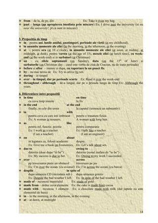  from – de la, de pe, din Ex: Take it from my bag. 
 past – langa (pp apropierea imediata prin miscare) Ex: I drive past the university (si nu 
near the university!, pt ca sunt in miscare) 
3. Prepozitia de timp 
 in – pentru ani, lunile anului, anotimpuri, perioade ale vietii (in my childhood), 
 in anumite momente ale zilei (in the morning, in the afternoon, in the evening) 
 at – pentru ora (at 10 o’clock), in anumite momente ale zilei (at noon, at midday, at 
midnight, at dusk), pentru varsta (at the age of 15), mesele zilei (at lunch time), cu week-end 
(at the week-end) si in sarbatori (at Christmas) 
 on – cu zilele saptamanii (on Sunday), data (on the 15th of June) si 
sarbatorile (on Christmas day – cand este vorba de ziua de Craciun, nu de toata perioada) 
 before si after – inainte si dupa, cu raportare la un punct fix 
 by – nu mai tarziu de Ex: Try to arrive by ten. 
 during – in timpul 
 over – in timpul, dar pe perioade scurte Ex: Read it over the week-end. 
 throughout / althrough – de-a lungul, dar pe o prioada lunga de timp Ex: Althrough the 
years. 
4. Diferentiere intre prepozitii 
 in time on time 
cu ceva timp inainte la fix 
 in the end at the end 
finally, in cele din urma la capatul (urmeaza un substantiv) 
 in with 
pentru ceva cu care esti imbracat pentru o trasatura fizica 
Ex: A woman in trousers. A woman with long hair. 
 as like 
pentru rol, functie, pozitie pentru comparatie 
Ex: I work as a teacher. Ex: I talk like a teacher. 
(I am a teacher) (I am an engineer) 
 on about 
in legatura cu, folosit academic despre 
Ex: Give me a book on Economics. Ex: Let’s talk about sex. 
 due to owing to 
datorita (doar dupa “to be”) datorita (restul inafara de “to be”) 
Ex: My success is due to her. Ex: Owing to my work I succeeded. 
 over across 
pp traversarea peste un obstacol traversare pe jos 
Ex: I’m over the ocean. (cu avionul) Ex: I’m across the ocean. (cu barca) 
 despite in spite of 
dupa urmeaza CD (niciodata sub.) dupa urmeaza genitiv 
Ex: Despite the bad weather I left. Ex: In spite of the bad weather I left. 
 made of – recunosc materialul Ex: made of gold 
 made from – deduc ceva elemente Ex: the cake is made from cocoa 
 made with – recunosc 1 element Ex: a chocolate made with milk (dar laptele nu este 
elementul de baza) 
 in – in the morning, in the afternoon, in the evening 
 at – at dawn, at midnight 
14 
 