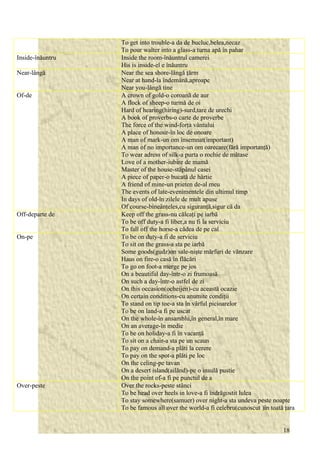 To get into trouble-a da de bucluc,belea,necaz 
To pour walter into a glass-a turna apă în pahar 
Inside-înăuntru Inside the room-înăuntrul camerei 
His is inside-el e înăuntru 
Near-lângă Near the sea shore-lângă ţărm 
Near at hand-la îndemână,aproape 
Near you-lângă tine 
Of-de A crown of gold-o coroană de aur 
A flock of sheep-o turmă de oi 
Hard of hearing(hiring)-surd,tare de urechi 
A book of proverbs-o carte de proverbe 
The force of the wind-forţa vântului 
A place of honour-în loc de onoare 
A man of mark-un om însemnat(important) 
A man of no importance-un om oarecare(fără importanţă) 
To wear adress of silk-a purta o rochie de mătase 
Love of a mother-iubire de mamă 
Master of the house-stăpânul casei 
A piece of paper-o bucată de hârtie 
A friend of mine-un prieten de-al meu 
The events of late-evenimentele din ultimul timp 
In days of old-în zilele de mult apuse 
Of course-bineânţeles,cu siguranţă,sigur că da 
Off-departe de Keep off the grass-nu călcaţi pe iarbă 
To be off duty-a fi liber,a nu fi la serviciu 
To fall off the horse-a cădea de pe cal 
On-pe To be on duty-a fi de serviciu 
To sit on the grass-a sta pe iarbă 
Some goods(gudz)on sale-nişte mărfuri de vănzare 
Haus on fire-o casă în flăcări 
To go on foot-a merge pe jos 
On a beautiful day-într-o zi frumoasă 
On such a day-într-o astfel de zi 
On this occasion(ocheijen)-cu această ocazie 
On certain conditions-cu anumite condiţii 
To stand on tip toe-a sta în vârful picioarelor 
To be on land-a fi pe uscat 
On the whole-în ansamblu,în general,în mare 
On an average-în medie 
To be on holiday-a fi în vacanţă 
To sit on a chair-a sta pe un scaun 
To pay on demand-a plăti la cerere 
To pay on the spot-a plăti pe loc 
On the celing-pe tavan 
On a desert island(ailănd)-pe o insulă pustie 
On the point of-a fi pe punctul de a 
Over-peste Over the rocks-peste stânci 
To be head over heels in love-a fi îndrăgostit lulea 
To stay somewhere(samuer) over night-a sta undeva peste noapte 
To be famous all over the world-a fi celebru(cunoscut )în toată ţara 
18 
 