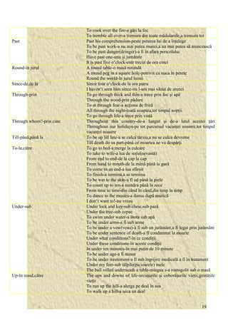 To cook over the fire-a găti la foc 
To tremble all over-a tremura din toate mădularele,a tremura tot 
Past Past his comprehension-peste puterea lui de a înţelege 
To be past work-a nu mai putea munci,a nu mai putea să muncească 
To be past danger(deinger)-a fi în afara pericolului 
Have past one-unu şi jumătate 
It is past five o‘clock-este trecut de ora cinci 
Round-în jurul A round table-o masă rotundă 
A round peg in a square hole-potrivit ca nuca în perete 
Round the world-în jurul lumii 
Since-de,de la Since four o‘clock-de la ora patru 
I haven‘t seen him since-nu l-am mai văzut de atunci 
Through-prin To go through thick and thin-a trece prin foc şi apă 
Through the wood-prin pădure 
To at through fear-a acţiona de frică 
All through the night-toată noaptea,tot timpul nopţii 
To go through life-a trece prin viaţă 
Through whom?-prin cine Throughout this country-de-a lungul şi de-a latul acestei ţări 
Throughout our holidays-pe tot parcursul vacanţei noastre,tot timpul 
vacanţei noastre 
Till-până,până la To be up lill late-a se culca târziu,a nu se culca devreme 
Till death do us part-până ce moartea ne va despărţi 
To-la,către To go to bed-a merge la culcare 
To take to wife-a lua de soţie(nevastă) 
From end to end-de la cap la cap 
From hand to mouth-de la mână până la gură 
To come to an end-a lua sfârşit 
To finish-a termina,a se termina 
To be wet to the skin-a fi ud până la piele 
To count up to ten-a număra până la zece 
From time to time-din când în când,din timp în timp 
To dance to the musics-a dansa după muzică 
I don‘t want to!-nu vreau 
Under-sub Under lock and key-sub cheie,sub pază 
Under the tree-sub copac 
To swim under water-a înota sub apă 
To be under arms-a fi sub arme 
To be under a vow(veau)-a fi sub un jurământ,a fi legat prin jurământ 
To be under sentence of death-a fi condamnat la moarte 
Under what conditions?-în ce condiţii 
Under these conditions-în aceste condiţii 
In under ten minutes-în mai puţin de 10 minute 
To be under age-a fi minor 
To be under treatement-a fi sub îngrijire medicală a fi în tratament 
Under my feet-sub tălpile(picioarele) mele 
The ball rolled underneath a table-mingea s-a rostogolit sub o masă 
Up-în susul,către The ups and downs of life-urcuşurile şi coborâşurile vieţii,geutăţile 
vieţii 
To run up the hill-a alerga pe deal în sus 
To walk up a hill-a urca un deal 
19 
 