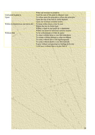 Wake up!-trezeşte-te,scoală-te 
Until-până la,până în Until the end of life-până la sfârşitul vieţii 
Upon- To refuse upon the principle-a refuza din principiu 
Upon the top of the hill-în vârful dealului 
Upon our word-pe cuvântul nostru 
Within-în,înăuntrul,nu mai târziu de To keep within doors-a ţine în casă 
Within the law-în limita legii 
Within a week-în mai puţin de o săptămână 
Within our room-în interiorul camerei noastre 
Without-fără To be without help-a fi fără de ajutor 
To come without delay-a veni fără întârzâiere 
To escape without damage-a scăpa nevătămat 
To come without fail-a veni sigur(negreşit) 
To come without doubt-a veni fără îndoială 
It goes withaut sayng(seing)-se înţelege de la sine 
I will leave withaut him-o să plec fără el 
20 
 