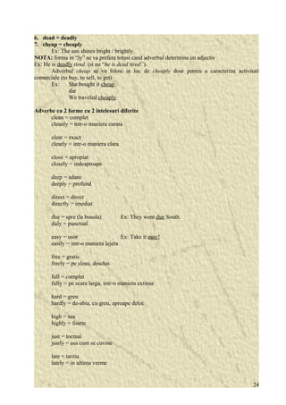 6. dead = deadly 
7. cheap = cheaply 
Ex: The sun shines bright / brightly. 
NOTA: forma in “ly” se va prefera totusi cand adverbul determina un adjectiv 
Ex: He is deadly tired. (si nu “he is dead tired”). 
Adverbul cheap se va folosi in loc de cheaply doar pentru a caracteriza activitati 
comerciale (to buy, to sell, to get) 
Ex: She bought it cheap. 
dar 
We traveled cheaply. 
Adverbe cu 2 forme cu 2 intelesuri diferite 
clean = complet 
cleanly = intr-o maniera curata 
clear = exact 
clearly = intr-o maniera clara 
close = apropiat 
closely = indeaproape 
deep = adanc 
deeply = profund 
direct = direct 
directly = imediat 
due = spre (la busola) Ex: They went due South. 
duly = punctual 
easy = usor Ex: Take it easy! 
easily = intr-o maniera lejera 
free = gratis 
freely = pe sleau, deschis 
full = complet 
fully = pe scara larga, intr-o maniera extinsa 
hard = greu 
hardly = de-abia, cu greu, aproape deloc 
high = sus 
highly = foarte 
just = tocmai 
justly = asa cum se cuvine 
late = tarziu 
lately = in ultima vreme 
24 
 