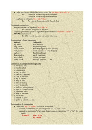  adj scurte (mono si bisilabice) se formeaza din: not so/not as + adj + as 
Ex: This room is not so big as the bedroom. 
This room is not as big as the bedroom. 
 adj lungi se formeaza: less + adj + than 
Ex: The chair is less comfortable than the bed. 
Comparativ de egalitate 
Atat pt adj scurte cat si pt lungi: as + adj + as. 
Ex: The bed is as good as the chair. 
Ideea de egalitate mai poate fi sugerata si prin constructia: the same + subst + as 
NOTA! as si nu like !!! 
Ex: This room is the same size as the other one. 
Schimbare de valoare gramaticala 
Adjectiv Substantiv 
big, small size (masura) 
long, short length (lungime) 
broad, narrow breadth (largime pt ceva concret) 
wide, narrow width (largime pt ceva abstract) 
high, low height (inaltime) 
deep, shallow depth (adancime) 
heavy, light weight (greutate) 
strong, weak strength (putere)……..etc. 
Constructii cu comparativul de egalitate: 
as brave as a lion 
as blind as a bat 
as black as coal 
as busy as a bee 
as cool as a cucumber 
as clear as daylight 
as dry as a bone 
as easy as ABC 
as fresh as a daisy 
as hairy as a gorilla 
as mad as a hatter (palarier) 
as poor as a church-mouse 
as silent as a grave 
as wise as Solomon 
as soft as silk 
as smooth as grass 
as gentle as a lamb…….etc. 
Comparativul de superioritate 
 adj scurte: adj + er + than. Modificari ortografice: 
 daca adj se termina in “e”, se adauga doar “r” Ex: nice – nicer 
 daca adj se termina in “y” precedat de consoana, se transforma “y” in “ier” Ex: pretty 
– prettier 
Exceptii: shy – shyer 
sly – slyer 
 