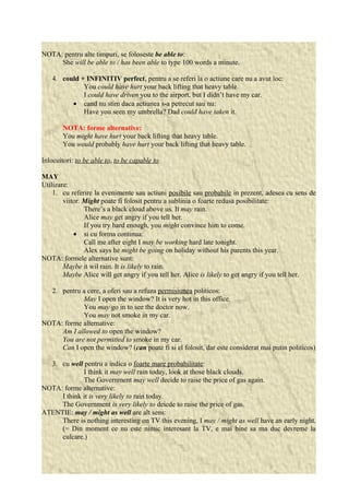 NOTA: pentru alte timpuri, se foloseste be able to: 
She will be able to / has been able to type 100 words a minute. 
4. could + INFINITIV perfect, pentru a se referi la o actiune care nu a avut loc: 
You could have hurt your back lifting that heavy table. 
I could have driven you to the airport, but I didn’t have my car. 
· cand nu stim daca actiunea s-a petrecut sau nu: 
Have you seen my umbrella? Dad could have taken it. 
NOTA: forme alternative: 
You might have hurt your back lifting that heavy table. 
You would probably have hurt your back lifting that heavy table. 
Inlocuitori: to be able to, to be capable to 
MAY 
Utilizare: 
1. cu referire la evenimente sau actiuni posibile sau probabile in prezent, adesea cu sens de 
viitor. Might poate fi folosit pentru a sublinia o foarte redusa posibilitate: 
There’s a black cloud above us. It may rain. 
Alice may get angry if you tell her. 
If you try hard enough, you might convince him to come. 
· si cu forma continua: 
Call me after eight I may be working hard late tonight. 
Alex says he might be going on holiday without his parents this year. 
NOTA: formele alternative sunt: 
Maybe it wil rain. It is likely to rain. 
Maybe Alice will get angry if you tell her. Alice is likely to get angry if you tell her. 
2. pentru a cere, a oferi sau a refuza permisiunea politicos: 
May I open the window? It is very hot in this office. 
You may go in to see the doctor now. 
You may not smoke in my car. 
NOTA: forme alternative: 
Am I allowed to open the window? 
You are not permitted to smoke in my car. 
Can I open the window? (can poate fi si el folosit, dar este considerat mai putin politicos) 
3. cu well pentru a indica o foarte mare probabilitate: 
I think it may well rain today, look at those black clouds. 
The Government may well decide to raise the price of gas again. 
NOTA: forme alternative: 
I think it is very likely to rain today. 
The Government is very likely to deicde to raise the price of gas. 
ATENTIE: may / might as well are alt sens: 
There is nothing interesting on TV this evening, I may / might as well have an early night. 
(= Din moment ce nu este nimic interesant la TV, e mai bine sa ma duc devreme la 
culcare.) 
 