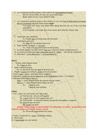 4. cu o constructie perfecta pentru a face referire la o presupunere in trecut: 
Bill isn’t at his office, he may have gone home early. 
Brian might not have been killed by Sally. 
5. cu o constructie perfecta pentru a face referire la ceva care s-ar fi putut petrece in trecut, 
dar nu s-a petrecut; se poate folosi numai might: 
You might have burnt your hand while taking that hot tray out of the oven (but 
you didn’t). 
A lot of people, who might have been saved, died when the Titanic sank. 
6. Exprimarea unei interdictii 
Ex: People may not bring dogs into the hotel. 
7. Exprimarea unei urari 
Ex: May all your dreams come true. 
8. Dupa verbele “to hope” si “to trust” 
Ex: I hope you may find tickets for the cinema. 
9. La forma negativa are doar forma “may not” (nu exista forma contrasa mayn’t) 
10. La trecut are forma may have+participiu trecut si “might” – mai ales pt conditional. 
11. Inlocuitori: “to be allowed to”, “to be permitted to” 
MUST 
1. = trebuie, arata obligativitatea 
Ex: I must go now. 
2. Arata o deductie logica 
Ex: As she left at four she must be at home now. 
3. Negativ: mustn’t (nu trebuie), needn’t (nu este necesar). 
4. Trecut: must + have + participiu trecut si had to. 
5. Inlocuitori: to have to, to be obliged to, to be compelled to (toate = a fi obligat) 
6. Diferenta dintre must si have to. 
Must => arata obligativitatea din punctul meu de vedere; 
Have to => arata obligativitatea impusa de altii. 
Ex: I must go now. 
I have to wear uniform. 
NEED 
1. Are 2 valori: (a) verb lexical, (b) verb modal. 
(a) Verb lexical - este un verb regulat 
Ex: I need a new car. Do I need a new car? 
(b) Verb modal – se foloseste numai in propozitii interogative si negative. 
Ex:Need she get up early? 
She needn’t go there. 
Atentie! Totusi “need” se poate intalni si in afirmative ca modal – propozitii in care 
exista de regula never, hardly, barely, scarcely 
Ex: He hardly need mention his name. 
2. Exista 2 constructii cu “need” considerate arhaice. 
a) Must needs 
Ex: I must needs see your teacher. 
 
