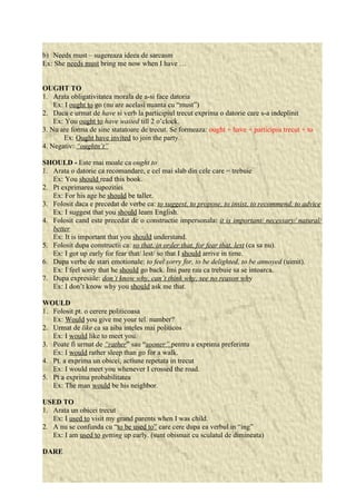 b) Needs must – sugereaza ideea de sarcasm 
Ex: She needs must bring me now when I have … 
OUGHT TO 
1. Arata obligativitatea morala de a-si face datoria 
Ex: I ought to go (nu are acelasi nuanta cu “must”) 
2. Daca e urmat de have si verb la participiul trecut exprima o datorie care s-a indeplinit 
Ex: You ought to have waited till 2 o’clock. 
3. Nu are forma de sine statatoare de trecut. Se formeaza: ought + have + participiu trecut + to 
Ex: Ought have invited to join the party. 
4. Negativ: “oughtn’t” 
SHOULD - Este mai moale ca ought to 
1. Arata o datorie ca recomandare, e cel mai slab din cele care = trebuie 
Ex: You should read this book. 
2. Pt exprimarea supozitiei 
Ex: For his age he should be taller. 
3. Folosit daca e precedat de verbe ca: to suggest, to propose, to insist, to recommend, to advice 
Ex: I suggest that you should learn English. 
4. Folosit cand este precedat de o constructie impersonala: it is important/ necessary/ natural/ 
better 
Ex: It is important that you should understand. 
5. Folosit dupa constructii ca: so that, in order that, for fear that, lest (ca sa nu). 
Ex: I got up early for fear that/ lest/ so that I should arrive in time. 
6. Dupa verbe de stari emotionale: to feel sorry for, to be delighted, to be annoyed (uimit). 
Ex: I feel sorry that he should go back. Imi pare rau ca trebuie sa se intoarca. 
7. Dupa expresiile: don’t know why, can’t think why, see no reason why 
Ex: I don’t know why you should ask me that. 
WOULD 
1. Folosit pt. o cerere politicoasa 
Ex: Would you give me your tel. number? 
2. Urmat de like ca sa aiba inteles mai politicos 
Ex: I would like to meet you. 
3. Poate fi urmat de “rather” sau “sooner” pentru a exprima preferinta 
Ex: I would rather sleep than go for a walk. 
4. Pt. a exprima un obicei, actiune repetata in trecut 
Ex: I would meet you whenever I crossed the road. 
5. Pt a exprima probabilitatea 
Ex: The man would be his neighbor. 
USED TO 
1. Arata un obicei trecut 
Ex: I used to visit my grand parents when I was child. 
2. A nu se confunda cu “to be used to” care cere dupa ea verbul in “ing” 
Ex: I am used to getting up early. (sunt obisnuit cu sculatul de dimineata) 
DARE 
 