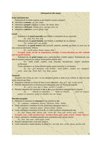 Substantivul (the noun) 
Felul substantivelor 
Substantivele în limba engleza se pot împarti în patru categorii: 
 substantive comune: cat, girl, lamp 
 substantive proprii: England, London, Mr Smith, Mary 
 substantive abstracte: beauty, love, courage, fear, joy 
 substantive colective: crowd, group, team 
Genul 
Substantive de genul masculin sunt fiintele si animalele de sex masculin: 
Ex.: man, boy, lion, dog 
Substantivele de genul feminin sunt fiintele si animalele de sex feminin: 
Ex.: woman, girl, cat, giraffe 
Substantive de genul neutru sunt lucrurile, plantele, animale sau fiinte al caror sex nu 
este cunoscut (pronume: it/they): 
Ex.: world, peace, house, mouse, baby 
Exceptii: tarile, navele, în majoritatea cazurilor si autovehiculele sau alte vehicule 
sunt de genul feminin. 
Substantivele de genul comun sunt o particularitate a limbii engleze. Substantivele care 
intra în aceasta categorie au aceeasi forma pentru ambele sexe: 
Ex.: child (copil, copila), cook (bucatar, bucatareasa), teacher (profesor, 
profesoara). 
Unele substantive au forme diferite pentru genul masculin si cel feminin: 
Ex.: boy - girl, husband - wife, brother - sister, father - mother, son - daughter, 
uncle - aunt, dog - bitch, bull - cow, king - queen 
Numarul 
Numarul este forma pe care o ia un substantiv pentru a arata ca ne referim la unul sau mai 
multe obiecte sau fiinte. 
 Singularul coincide cu forma de baza a unui substantiv: dog, girl, wife, world, storm 
 Pluralul substantivelor se formeaza prin adaugarea unui s la forma de singular: 
Ex.: cat+s=cats, day+s=days, world+s=worlds 
 Pluralul substantivelor teminate în ch, o, sh, s, x se formeaza adaugând es la singular. 
Ex.: church+es=churches, bush+es=bushes, class+es=classes, 
potato+es=potatoes, bush+es=bushes, box+es=boxes 
Pluralul neregulat 
 Substantive terminate în consoana+y fac pluralul în ies: 
Ex.: company - companies, factory - factories, baby - babies 
 Unele substantive terminate în o fac plural prin adaugarea unui s. 
Ex.: soprano - sopranos, piano - pianos, photo - photos 
 Unele substantive terminate în f sau fe vor suferi la plural schimbarea în ves. 
Ex.: leaf - leaves, half - halves, wife - wives, life - lives, self - selves, wolf – wolves 
Exceptii: roof - roofs, handkerchief - handkerchiefs, gulf - gulfs, wharf - wharfs/ wharves 
 Câteva substantive formeaza pluralul prin schimbarea unei vocale interne 
Ex.: foot - feet, man - men, tooth - teeth 
 Pluralul substantivului child este children. 
 Unele substantive ramân identice la plural Ex.: aircraft, deer, series, sheep, species, fish 
6 
 
