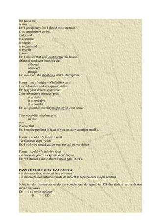 lest (ca sa nu) 
in case 
Ex: I got up early lest I should miss the train. 
c) cu urmatoarele verbe: 
to demand 
to command 
to suggest 
to recommend 
to request 
to insist 
Ex: I insisted that you should learn this lesson. 
d) atunci cand sunt introduse de: 
although 
whatever 
though 
Ex: Whatever she should say don’t interrupt her. 
Forma may / might + V infinitiv scurt 
1) se foloseste cand se exprima o urare 
Ex: May your dreams come true! 
2) in subjonctive introduse prin: 
it is likely 
it is probable 
it is possible 
Ex: It is possible that they might invite us to dinner. 
3) in propozitii introduse prin: 
so that 
that 
in order that 
Ex: I put the perfume in front of you so that you might smell it. 
Forma would + V infinitiv scurt 
- se foloseste dupa “wish” 
Ex: I wish you would call on you. (to call on = a vizita) 
Forma could + V infinitiv scurt 
- se foloseste pentru a exprima o certitudine 
Ex: We studied a lot so that we could pass TOEFL. 
PASSIVE VOICE (DIATEZA PASIVA) 
- in diateza activa, subiectul face actiunea 
- in diateza pasiva, actiunea facuta de subiect se repercuteaza asupra acestuia 
Subiectul din diateza activa devine complement de agent, iar CD din diateza activa devine 
subiect in pasiva. 
Ex: 1) I write the letter. 
S CD 
 