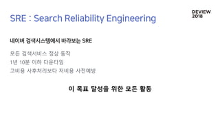 모든 검색서비스 정상 동작
1년 10분 이하 다운타임
고비용 사후처리보다 저비용 사전예방
이 목표 달성을 위한 모든 활동
 