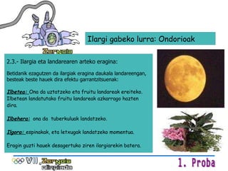 Ilargi gabeko lurra: Ondorioak 2.3.- Ilargia eta landarearen arteko eragina: Betidanik ezagutzen da ilargiak eragina daukala landareengan, besteak beste hauek dira efektu garrantzitsuenak: Ilbetea:  Ona da uztatzeko eta fruitu landareak ereiteko. Ilbetean landatutako fruitu landareak azkarrago hazten dira. Ilbehera:   ona da  tuberkuluak landatzeko. Ilgora:  espinakak, eta letxugak landatzeko momentua. Eragin guzti hauek desagertuko ziren ilargiarekin batera. 