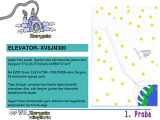 Aspertuta zaude, ikusten nola astronautak joaten dira Ilargira? ETA ZU ETXEAN ASPERTUTA?? BA EZ!!!! Orain, ELEVATOR- XV8JN300-ekin Ilargira, 15 minututan egongo zara.  Tubo batzuk, lurraren kontinente bakoitzetatik ateratzen dira, eta ilargira joaten den tuborekin konektaturik daude. Seguritatea bermatzeko gure elavatorrak mugimendu sensoreekin hornituta dago ELEVATOR- XV8JN300 