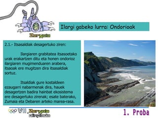 Ilargi gabeko lurra: Ondorioak 2.1.- Itsasaldiak desagertuko ziren: Ilargiaren grabitatea itsasoetako urak erakartzen ditu eta honen ondorioz ilargiaren mugimenduaren arabera, itsaoak ere mugitzen dira itsasaldiak sortuz. Itsaldiak gure kostaldeen ezaugarri nabarmenak dira, hauek desagertzen badira hainbat ekosistema ere desagertuko zirenak; esate baterako, Zumaia eta Debaren arteko marea-rasa. 