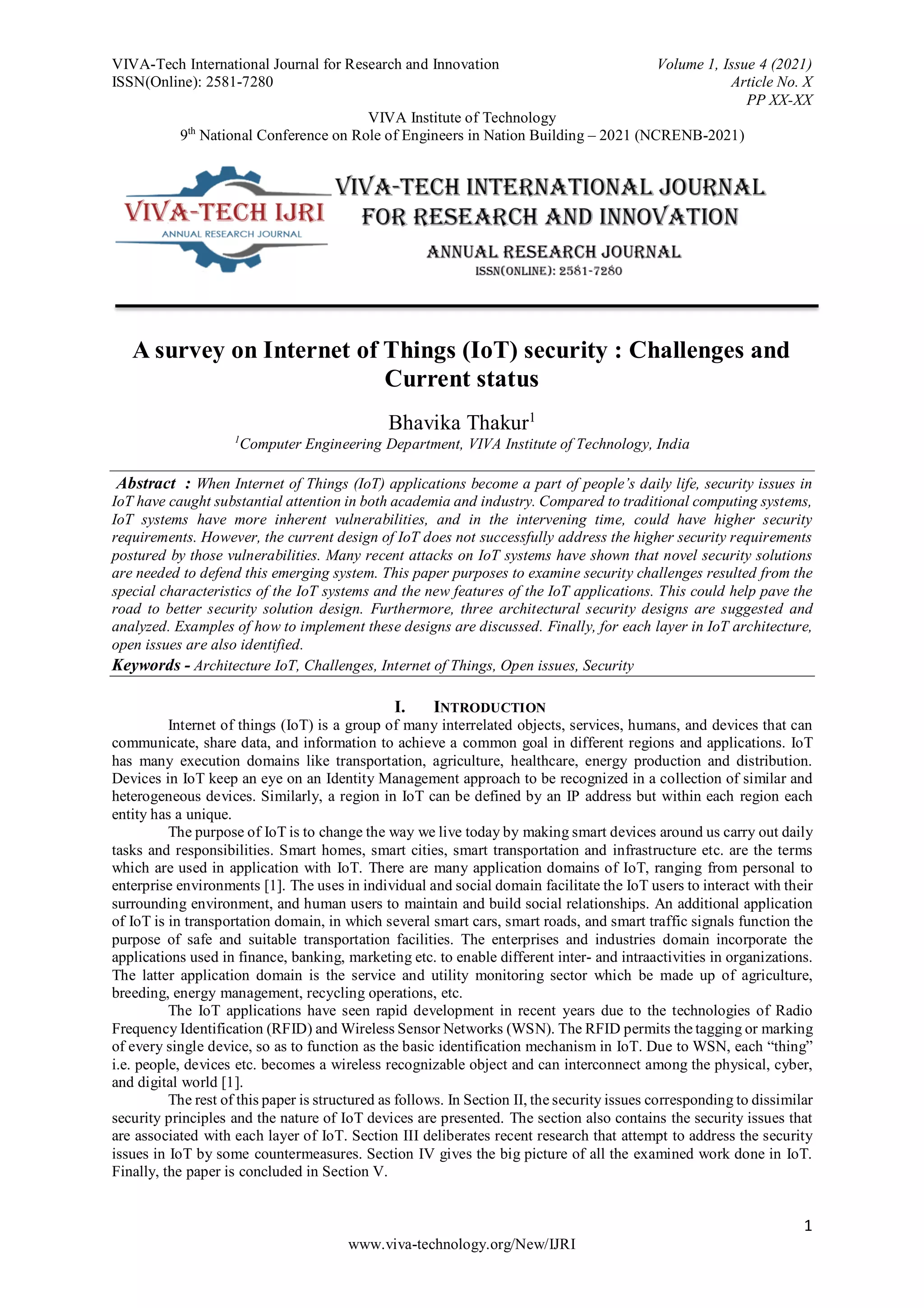 A survey on Internet of Things (IoT) security : Challenges and Current ...