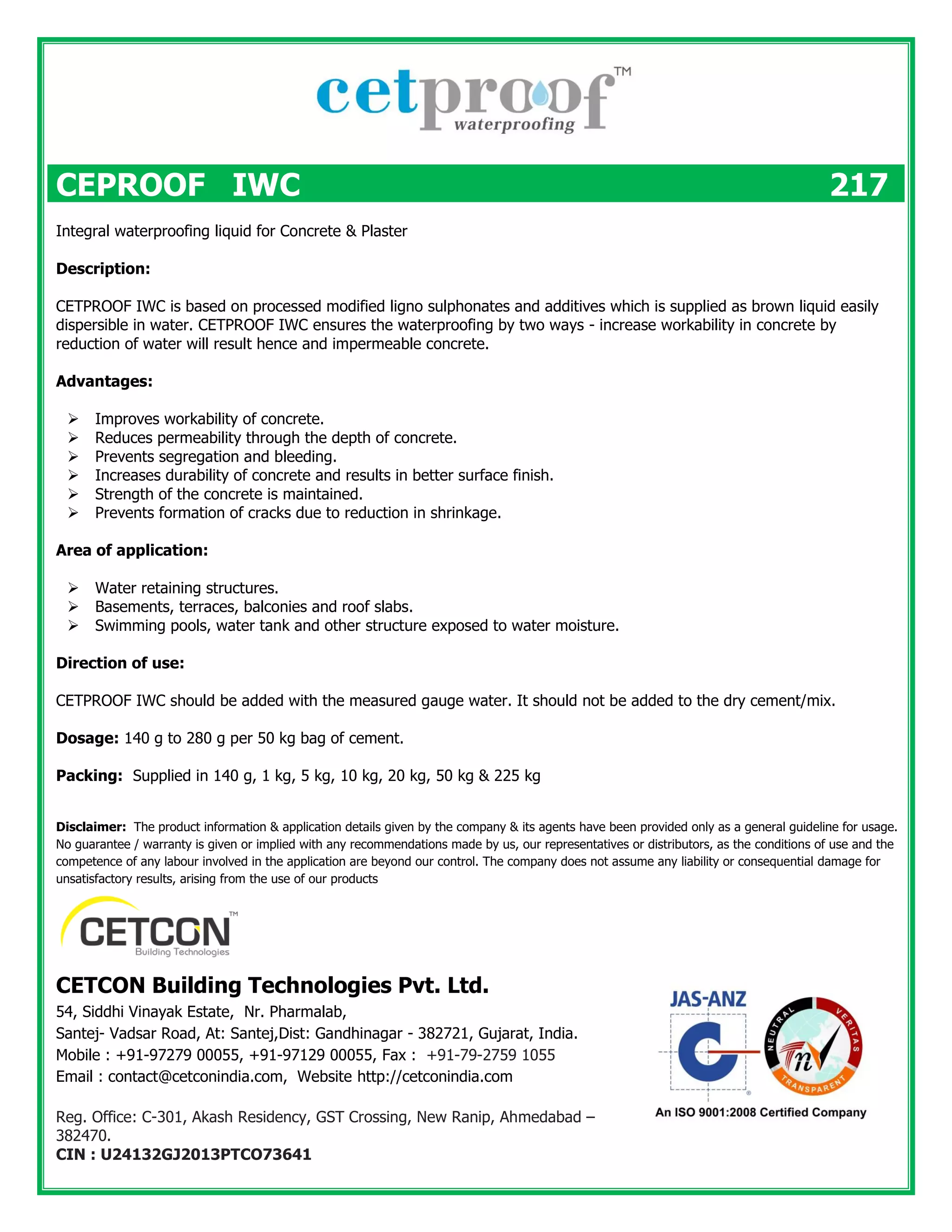 Integral waterproofing liquid for Concrete & Plaster | PDF