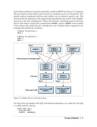 Each reducer produces a separate output file, usually in HDFS (seeFigure 3-2). Separate
files are written so that reducers do not have to coordinate access to a shared file. This
greatly reduces complexity and lets each reducer run at whatever speed it can. The
format of the file depends on the output format specified by the author of the MapRe-
duce job in the job configuration. Unless the job does something special (and most
don’t) each reducer output file is named part-<XXXXX>, where <XXXXX> is the number
of the reduce task within the job, starting from zero. Sample reducer output for our
example job would look as follows:
# Reducer for partition 1:
INFO, 3
# Reducer for partition 2:
DEBUG, 1
WARN, 1
Figure 3-2. Shuffle and sort, and reduce phases
For those that are familiar with SQL and relational databases, we could view the logs
as a table with the schema:
CREATE TABLE logs (
EVENT_DATE DATE,
SEVERITY VARCHAR(8),
The Stages of MapReduce | 31
 