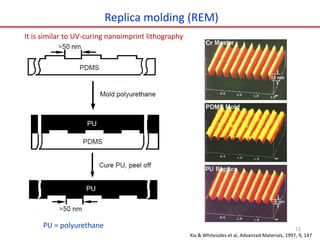 Replica molding (REM)
Xia & Whitesides et al, Advanced Materials, 1997, 9, 147
PU = polyurethane
It is similar to UV-curing nanoimprint lithography
12
 