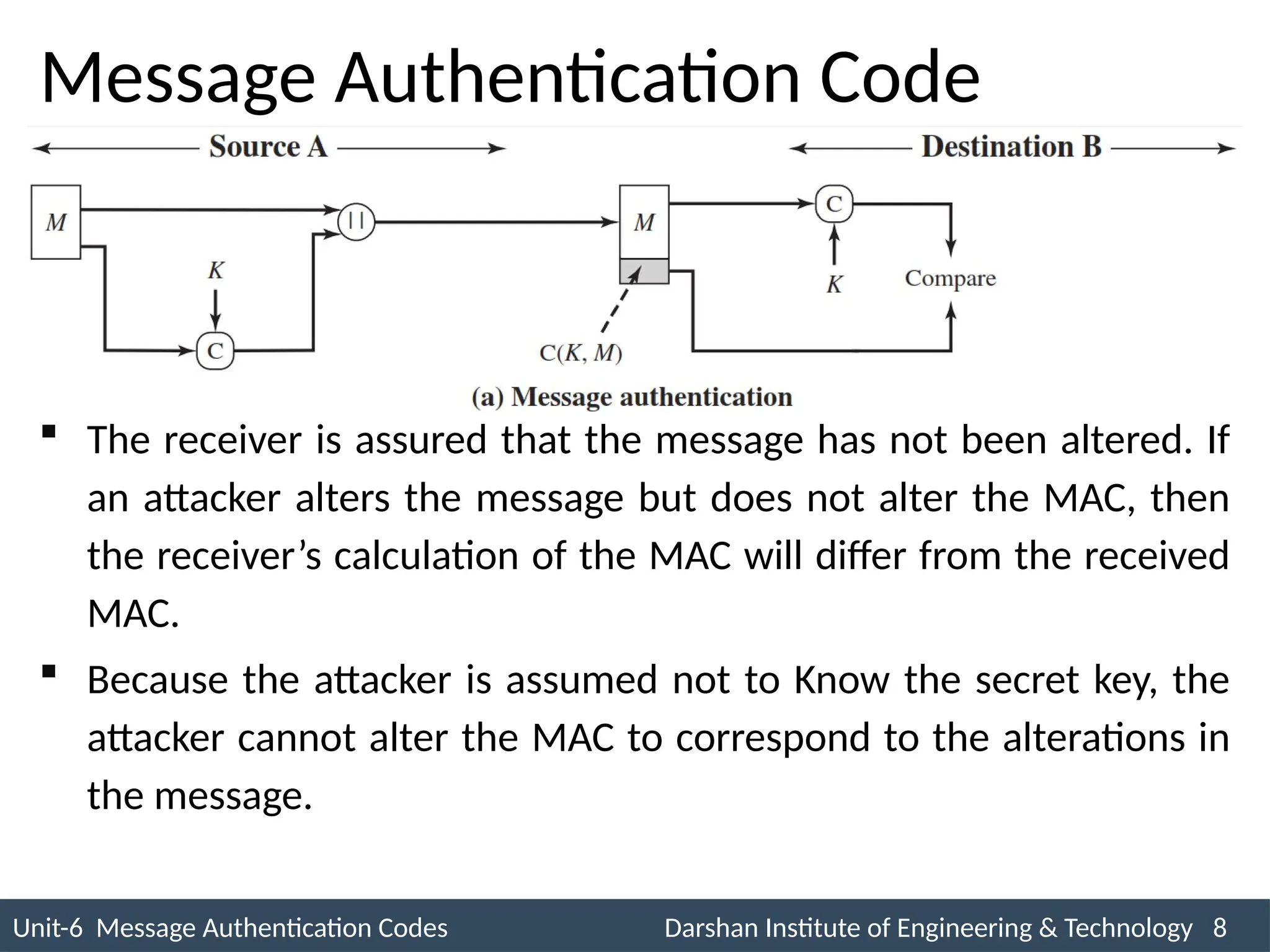 Unit-6 Message Authentication Codes Darshan Institute of Engineering & Technology 8
INS is very Interesting Subject
Message Authentication Code
 The receiver is assured that the message has not been altered. If
an attacker alters the message but does not alter the MAC, then
the receiver’s calculation of the MAC will differ from the received
MAC.
 Because the attacker is assumed not to Know the secret key, the
attacker cannot alter the MAC to correspond to the alterations in
the message.
 
