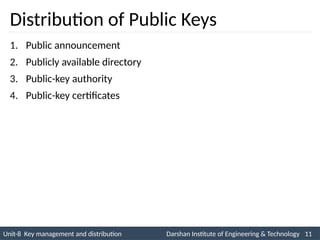Unit-8 Key management and distribution Darshan Institute of Engineering & Technology 11
INS is very Interesting Subject
Distribution of Public Keys
1. Public announcement
2. Publicly available directory
3. Public-key authority
4. Public-key certificates
 