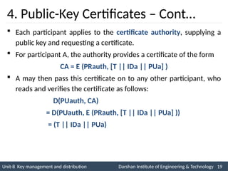 Unit-8 Key management and distribution Darshan Institute of Engineering & Technology 19
INS is very Interesting Subject
4. Public-Key Certificates – Cont…
 Each participant applies to the certificate authority, supplying a
public key and requesting a certificate.
 For participant A, the authority provides a certificate of the form
CA = E (PRauth, [T || IDa || PUa] )
 A may then pass this certificate on to any other participant, who
reads and verifies the certificate as follows:
D(PUauth, CA)
= D(PUauth, E (PRauth, [T || IDa || PUa] ))
= (T || IDa || PUa)
 