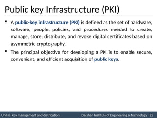 Unit-8 Key management and distribution Darshan Institute of Engineering & Technology 25
INS is very Interesting Subject
Public key Infrastructure (PKI)
 A public-key infrastructure (PKI) is defined as the set of hardware,
software, people, policies, and procedures needed to create,
manage, store, distribute, and revoke digital certificates based on
asymmetric cryptography.
 The principal objective for developing a PKI is to enable secure,
convenient, and efficient acquisition of public keys.
 