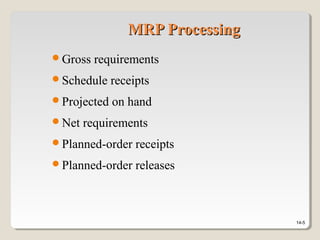 14-5
MRP ProcessingMRP Processing
Gross requirements
Schedule receipts
Projected on hand
Net requirements
Planned-order receipts
Planned-order releases
 