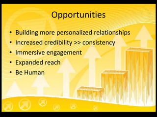 OpportunitiesBuilding more personalized relationshipsIncreased credibility >> consistencyImmersive engagementExpanded reachBe Human