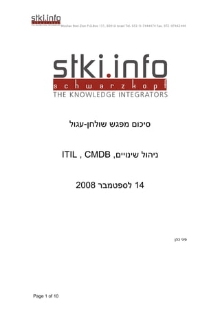 Moshav Bnei Zion P.O.Box 151, 60910 Israel Tel. 972-9-7444474 Fax. 972-97442444
Page 1 of 10
‫שולחן‬ ‫מפגש‬ ‫סיכום‬
-
‫עגול‬
‫שינויים‬ ‫ניהול‬
,
CMDB
,
ITIL
14
‫לספטמבר‬
2008
‫כהן‬ ‫פיני‬
 