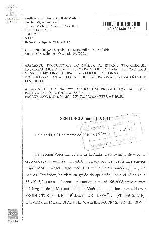 Sentencia 103/2014 AP Madrid Pablo Soto / PROMUSICAE, Universal, Warner, Sony BMG y EMI