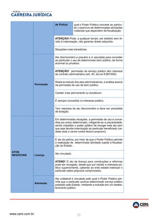 www.cers.com.br 36
de Polícia qual o Poder Público concede ao particu-
lar o exercício de determinadas atividades
materiais que dependem de fiscalização.
ATENÇÃO! Pode, a qualquer tempo, ser desfeito sem di-
reito à indenização, não gerando direito adquirido.
Situações mais transitórias.
Permissão
Ato discricionário e precário e é veiculada para conceder
ao particular o uso de determinado bem público, de forma
anormal ou privativa.
ATENÇÃO! permissão de serviço público tem natureza
de contrato administrativo (art. 40, da Lei 8.987/950).
Resta ao estudo dos atos administrativos, a análise acerca
da permissão de uso de bem público.
Caráter mais permanente ou duradouro.
É sempre concedida no interesse público.
Tem natureza de ato discricionário e deve ser precedida
de licitação.
ATOS
NEGOCIAIS
Em determinadas situações, a permissão de uso é conce-
dida por prazo determinado, mitigando-se a precariedade,
sendo impedido o poder público de revogar este ato sem
que seja devida indenização ao particular beneficiado (ve-
dada veda o venire contra factum proprium).
Licença
É ato de polícia, por meio de que o Poder Público permite
a realização de determinada atividade sujeita à fiscaliza-
ção do Estado.
Ato vinculado.
ATENֳַO! O ato de licença para construções e reformas
pode ser revogado, desde que por razões e interesse pú-
blico superveniente, cabendo ao ente estatal indenizar o
particular pelos prejuízos comprovados.
Admissão
Ato unilateral e vinculado pelo qual o Poder Público per-
mite que o particular usufrua determinado serviço público
prestado pelo Estado, mediante a inclusão em um estabe-
lecimento público.
 