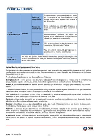 www.cers.com.br 38
ATOS
ENUNCIATIVOS
Parecer
Doutrina
majoritária
Somente haverá responsabilidade do emis-
sor do parecer se ele tiver atuado de forma
dolosa, ou com erro grosseiro ao emanar o
ato de opinião.
Pareceres
normativos
Geral e abstrato, de aplicação obrigatória a
todos os casos idênticos que passarem a
existir.
Pareceres
técnicos
Pronunciamento opinativo de órgão ou
agente, sobre determinada situação relacio-
nada à sua área técnica de atuação.
Não se subordinam ao escalonamento hie-
rárquico da Administração Pública.
Aqui o mérito só é discutido por agentes es-
pecializados na mesma área técnica.
ATOS
PUNITIVOS
Por meio dos quais o Poder Público determina a aplicação de sanções, em
face do cometimento de infrações administrativas pelos servidores públicos
ou por particulares.
EXTINÇÃO DOS ATOS ADMINISTRATIVOS
Os casos de extinção configuram-se situações nas quais o ato emanado pelo poder público deixa de produzir efeitos
regularmente, sendo retirado do mundo jurídico. Alguns doutrinadores tratam daquelas que designam como hipóteses
de desfazimento do ato.
A extinção do ato pode ocorrer por diversas formas. Vejamos.
Extinção natural – ocorre quando o ato já cumpriu todos os efeitos nele dispostos ou pelo advento do termo final ou
prazo, nos atos sujeitos a termo, ou, ainda, mediante o esgotamento do conteúdo jurídico desta conduta.
ATENÇÃO! O Cumprimento dos efeitos decorre da execução material da situação apresentada no ato adminis-
trativo.
O advento do termo final ou da condição resolutiva extingue os atos sujeitos a prazo determinado ou que dependam
da ocorrência de um evento futuro e incerto para que deixe de produzir efeitos.
Pelo esgotamento do conteúdo jurídico, como, por exemplo, as férias do servidor público que estará extinta após
exauridos os seus efeitos, com o transcurso do prazo de trinta dias.
Renúncia - O particular ao qual o ato se destina abre mão do benefício concedido por meio da edição do ato
administrativo. Somente se aplica para atos ampliativos.
Desaparecimento da pessoa ou coisa sobre a qual o ato recai - O desfazimento do ato decorre do desapareci-
mento de seu objeto, ou do sujeito ao qual ele se destina.
Retirada - A extinção de uma determinada conduta estatal, mediante a edição de ato concreto que a desfaça. É
forma de extinção precoce do ato administrativo. Alguns estudiosos designam os estudos da retirada dos atos ad-
ministrativos como estudo da TEORIA DAS NULIDADES. Vejamos as hipóteses:
a) anulação. Para a doutrina majoritária a invalidação ou anulação do ato administrativo decorre da dissonância
desta conduta em relação às normas postas no ordenamento jurídico, ensejando a possibilidade de retirada destes
atos.
 