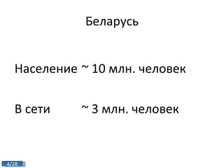 Беларусь Население  ~ 10  млн. человек В сети  ~ 3  млн. человек  