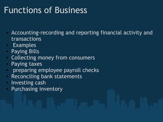 Functions of Business Accounting-recording and reporting financial activity and transactions   Examples Paying Bills Collecting money from consumers Paying taxes   preparing employee payroll checks Reconciling bank statements Investing cash Purchasing inventory     
