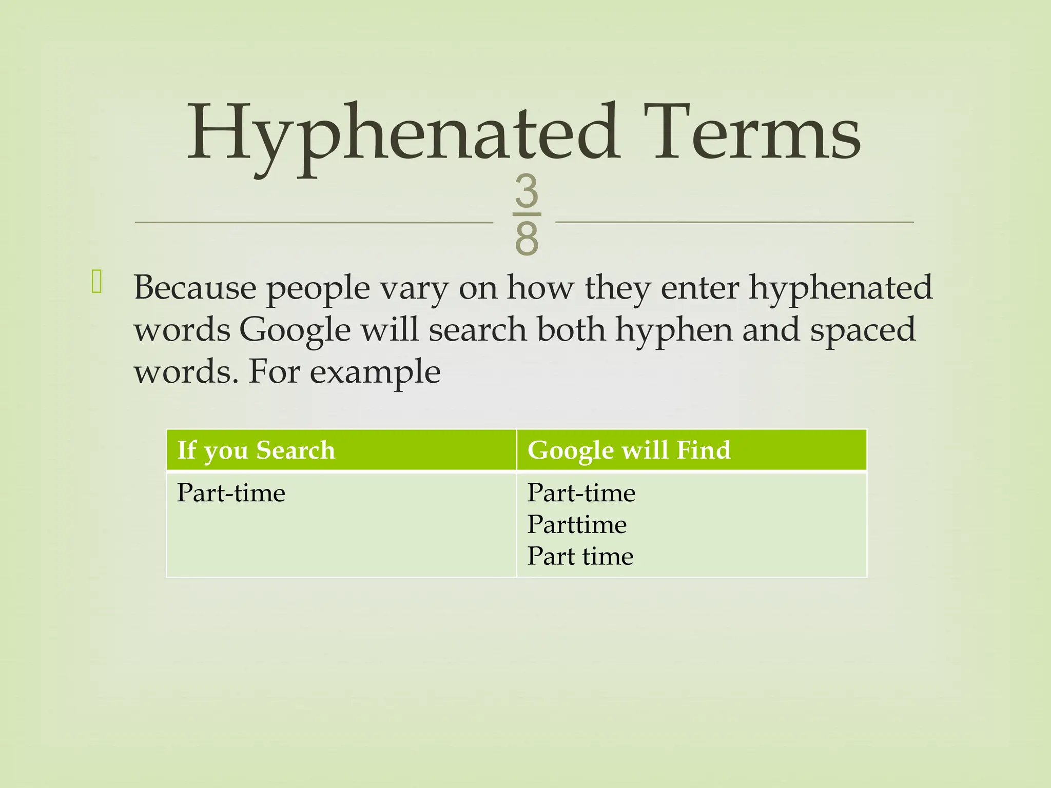 
 Because people vary on how they enter hyphenated
words Google will search both hyphen and spaced
words. For example
Hyphenated Terms
If you Search Google will Find
Part-time Part-time
Parttime
Part time
 