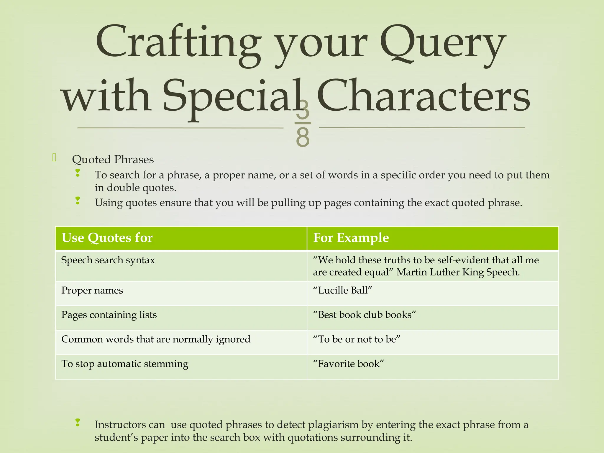 
 Quoted Phrases
 To search for a phrase, a proper name, or a set of words in a specific order you need to put them
in double quotes.
 Using quotes ensure that you will be pulling up pages containing the exact quoted phrase.
 Instructors can use quoted phrases to detect plagiarism by entering the exact phrase from a
student’s paper into the search box with quotations surrounding it.
Crafting your Query
with Special Characters
Use Quotes for For Example
Speech search syntax “We hold these truths to be self-evident that all me
are created equal” Martin Luther King Speech.
Proper names “Lucille Ball”
Pages containing lists “Best book club books”
Common words that are normally ignored “To be or not to be”
To stop automatic stemming “Favorite book”
 