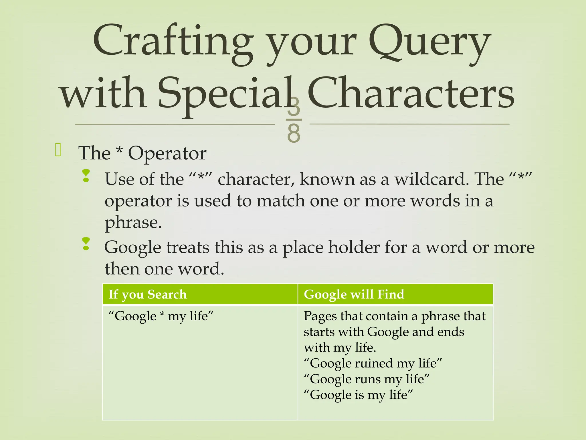 
 The * Operator
 Use of the “*” character, known as a wildcard. The “*”
operator is used to match one or more words in a
phrase.
 Google treats this as a place holder for a word or more
then one word.
Crafting your Query
with Special Characters
If you Search Google will Find
“Google * my life” Pages that contain a phrase that
starts with Google and ends
with my life.
“Google ruined my life”
“Google runs my life”
“Google is my life”
 