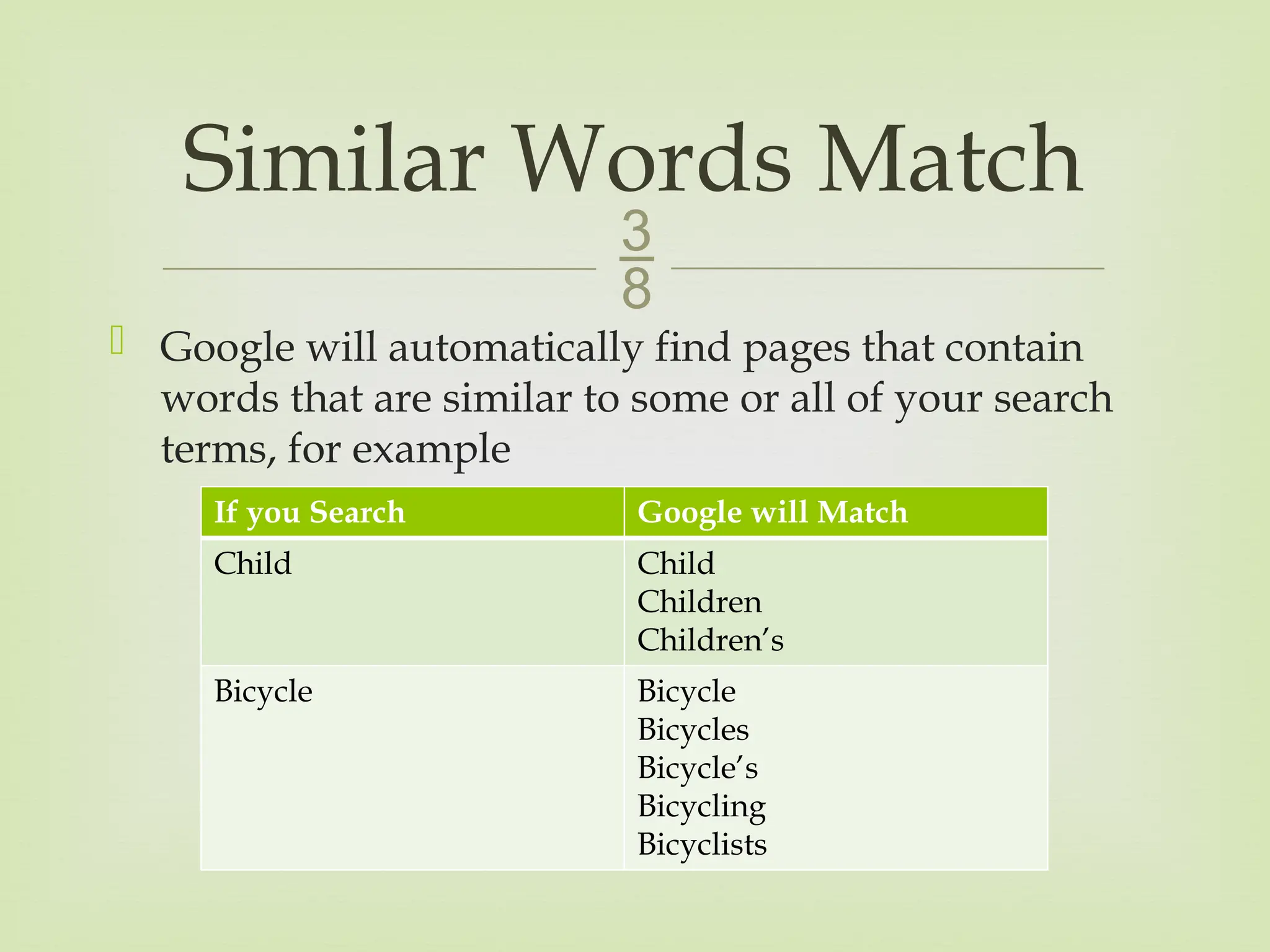 
 Google will automatically find pages that contain
words that are similar to some or all of your search
terms, for example
Similar Words Match
If you Search Google will Match
Child Child
Children
Children’s
Bicycle Bicycle
Bicycles
Bicycle’s
Bicycling
Bicyclists
 