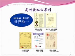 日本專利證書  韓國專利證書  中國專利證書 3131385 號  95-153987 號  ZL96195883.9 號  美國專利證書  德、英、法專利證書 6203827 號  0839459 號 UNICAL  優力鈣 世界唯一 