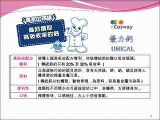 高吸收配方 專利 榮獲七國高吸收配方專利 ， 突破傳統鈣的難以吸收瓶頸 。 (  傳統鈣約只有 20% 至 30% 吸收率  ) 原料 北海道無污染的扇貝原料， 含有天然鎂 、 鉀 、 鈉 、 磷及鋅等人體需要的微量金屬元素。 ( 傳統鈣以 牡蠣殼、動物骨頭 … 為原料，容易重金屬污染等 ) 便利性 微顆粒不用開水也可直接溶於口中，易攜帶、方便隨身包  。 口味 檸檬香味，口感極佳，大人小孩皆喜歡 。 