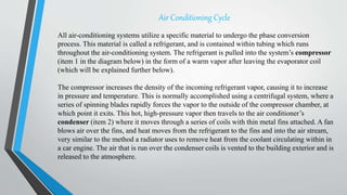 Air Conditioning Cycle
All air-conditioning systems utilize a specific material to undergo the phase conversion
process. This material is called a refrigerant, and is contained within tubing which runs
throughout the air-conditioning system. The refrigerant is pulled into the system’s compressor
(item 1 in the diagram below) in the form of a warm vapor after leaving the evaporator coil
(which will be explained further below).
The compressor increases the density of the incoming refrigerant vapor, causing it to increase
in pressure and temperature. This is normally accomplished using a centrifugal system, where a
series of spinning blades rapidly forces the vapor to the outside of the compressor chamber, at
which point it exits. This hot, high-pressure vapor then travels to the air conditioner’s
condenser (item 2) where it moves through a series of coils with thin metal fins attached. A fan
blows air over the fins, and heat moves from the refrigerant to the fins and into the air stream,
very similar to the method a radiator uses to remove heat from the coolant circulating within in
a car engine. The air that is run over the condenser coils is vented to the building exterior and is
released to the atmosphere.
 