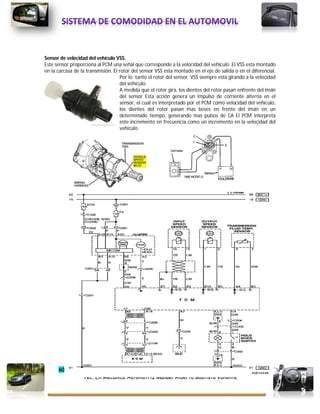 60
Tec. En Mecánica Automotriz Manuel Alberto Bautista Valiente
Sensor de velocidad del vehículo VSS.
Este sensor proporciona al PCM una señal que corresponde a la velocidad del vehículo .El VSS esta montado
en la carcasa de la transmisión. El rotor del sensor VSS esta montado en el eje de salida o en el diferencial.
Por lo tanto el rotor del sensor VSS siempre esta girando a la velocidad
del vehículo.
A medida que el rotor gira, los dientes del rotor pasan enfrente del imán
del sensor Esta acción genera un impulso de corriente alterna en el
sensor, el cual es interpretado por el PCM como velocidad del vehículo,
los dientes del rotor pasan mas beses en frente del imán en un
determinado tiempo, generando mas pulsos de CA El PCM interpreta
este incremento en frecuencia como un incremento en la velocidad del
vehículo.
 