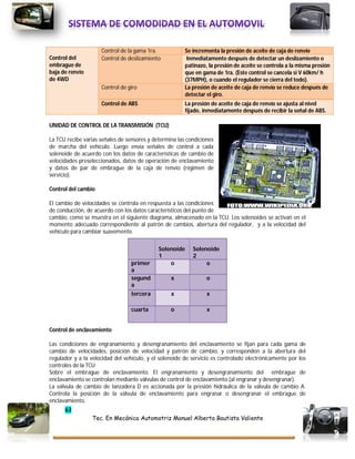 63
Tec. En Mecánica Automotriz Manuel Alberto Bautista Valiente
Control del
embrague de
baja de renvío
de 4WD
Control de la gama 1ra. Se incrementa la presión de aceite de caja de renvío
Control de deslizamiento Inmediatamente después de detectar un deslizamiento o
patinazo, la presión de aceite se controla a la misma presión
que en gama de 1ra. (Este control se cancela si V 60km/ h
(37MPH), o cuando el regulador se cierra del todo).
Control de giro La presión de aceite de caja de renvío se reduce después de
detectar el giro.
Control de ABS La presión de aceite de caja de renvío se ajusta al nivel
fijado, inmediatamente después de recibir la señal de ABS.
UNIDAD DE CONTROL DE LA TRANSMISIÓN (TCU)
La TCU recibe varias señales de sensores y determina las condiciones
de marcha del vehículo. Luego envía señales de control a cada
solenoide de acuerdo con los datos de características de cambio de
velocidades preseleccionados, datos de operación de enclavamiento
y datos de par de embrague de la caja de renvío (régimen de
servicio).
Control del cambio
El cambio de velocidades se controla en respuesta a las condiciones
de conducción, de acuerdo con los datos característicos del punto de
cambio, como se muestra en el siguiente diagrama, almacenado en la TCU. Los solenoides se activan en el
momento adecuado correspondiente al patrón de cambios, abertura del regulador, y a la velocidad del
vehículo para cambiar suavemente.
Control de enclavamiento
Las condiciones de engranamiento y desengranamiento del enclavamiento se fijan para cada gama de
cambio de velocidades, posición de velocidad y patrón de cambio, y corresponden a la abertura del
regulador y a la velocidad del vehículo, y el solenoide de servicio es controlado electrónicamente por los
controles de la TCU
Sobre el embrague de enclavamiento. El engranamiento y desengranamiento del embrague de
enclavamiento se controlan mediante válvulas de control de enclavamiento (al engranar y desengranar).
La válvula de cambio de lanzadera D es accionada por la presión hidráulica de la válvula de cambio A.
Controla la posición de la válvula de enclavamiento para engranar o desengranar el embrague de
enclavamiento.
Solenoide
1
Solenoide
2
primer
a
o o
segund
a
x o
tercera x x
cuarta o x
 