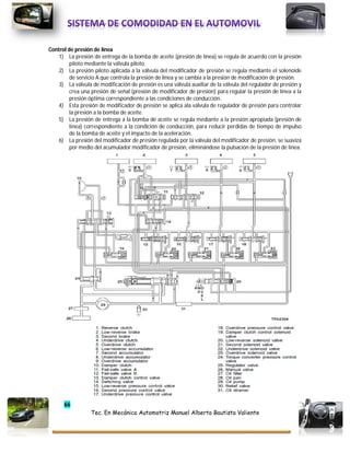 66
Tec. En Mecánica Automotriz Manuel Alberto Bautista Valiente
Control de presión de línea
1) La presión de entrega de la bomba de aceite (presión de línea) se regula de acuerdo con la presión
piloto mediante la válvula piloto.
2) La presión piloto aplicada a la válvula del modificador de presión se regula mediante el solenoide
de servicio A que controla la presión de línea y se cambia a la presión de modificación de presión.
3) La válvula de modificación de presión es una válvula auxiliar de la válvula del regulador de presión y
crea una presión de señal (presión de modificador de presión) para regular la presión de línea a la
presión óptima correspondiente a las condiciones de conducción.
4) Esta presión de modificador de presión se aplica ala válvula de regulador de presión para controlar
la presión a la bomba de aceite.
5) La presión de entrega a la bomba de aceite se regula mediante a la presión apropiada (presión de
línea) correspondiente a la condición de conducción, para reducir perdidas de tiempo de impulso
de la bomba de aceite y el impacto de la aceleración.
6) La presión del modificador de presión regulada por la válvula del modificador de presión, se suaviza
por medio del acumulador modificador de presión, eliminándose la pulsación de la presión de línea.
 