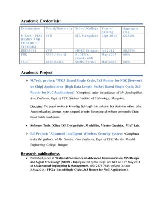 Academic Credentials:
Examination Board/University School/College Year of
passing
Aggregate
(%)
M.Tech. (VLSI
DESIGN AND
EMBEDDED
SYSTEMS)
VTU SIT, Mangalore Sept 2014 65.50%
BE(E&CE) VTU MMEC Belagavi Jul 2012 58.55%
PUC KSEPU Board BLDEA’s,
Jamakhandi
May 2007 66%
SSLC KSSE Board SMHS, Terdal Mar 2005 60%
Academic Project
 M.Tech. project: “FPGA Based Single Cycle, 3x3 Router for NOC [Network
on Chip] Applications [High Data Length Packet Based Single Cycle, 3x3
Router for NoC Applications] “Completed under the guidance of Mr. SandeepBhat,
Asso.Professor, Dept. of ECE, Srinivas Institute of Technology, Mangalore.
Description: The project involves in forwarding high length datapackets totheir destination without delay.
Area is reduced and dominant router compared to earlier. Itovercome all problems compared toCircuit
based,Switch basedrouters.
 Software Tools: Xilinx ISE DesignSuite, ModelSim, Mentor Graphics, MAT Lab.
 B.E Project: “Advanced Intelligent Wireless Security System “Completed
under the guidance of Ms. Sandya, Asso. Professor, Dept. of ECE, Maratha Mandal
Engineering College, Belagavi
Research publicationss
 Published paper at “National Conference on Advanced Communication, VLSI Design
and Signal Processing” (NCCVS - 14) organized by the Dept. of E&CE on 15th May 2014
at K.S.School of Engineering & Management, ISSN 2278-7844: volume 3,issue
2,May2014 ( FPGA BasedSingle Cycle, 3x3 Router for NoC Applications).
 