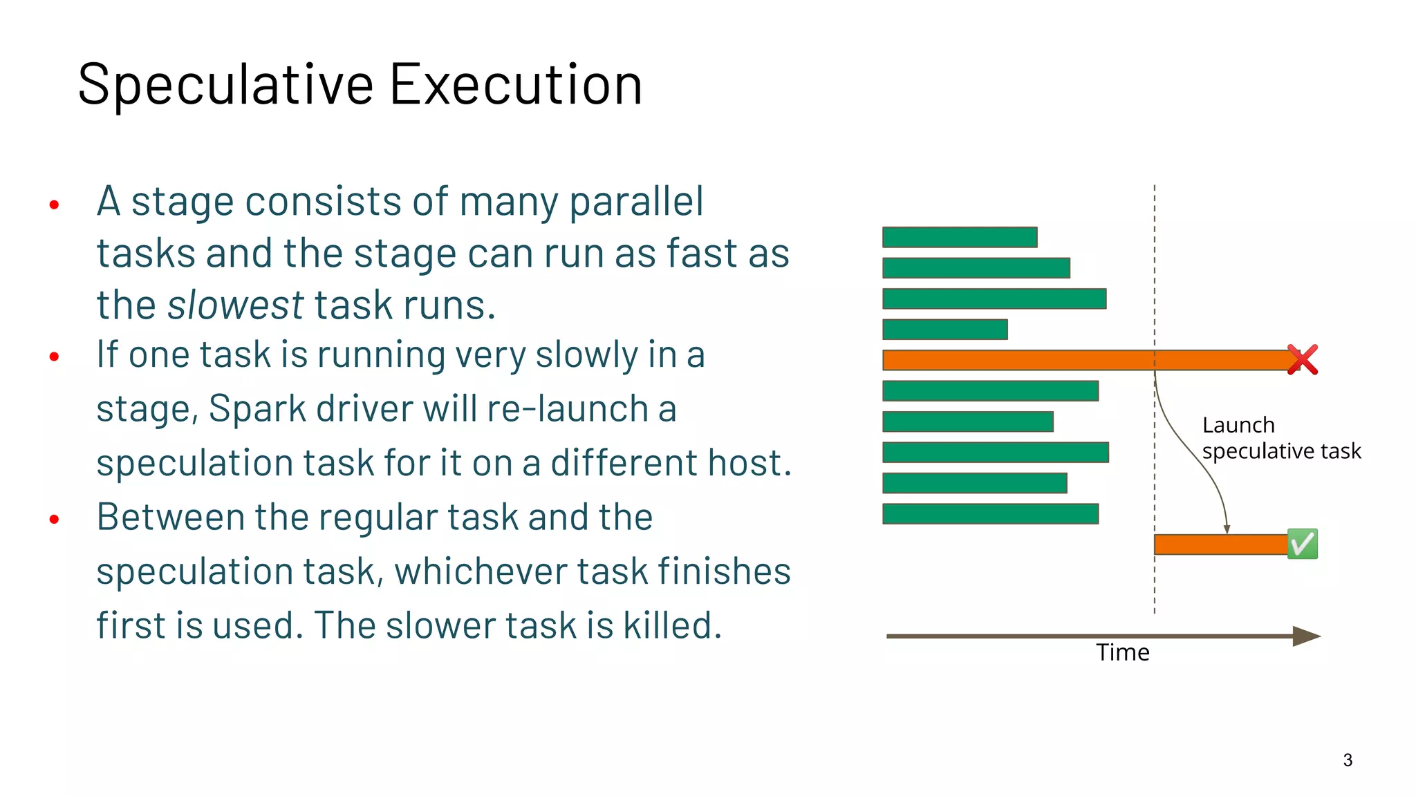 Speculative Execution • A stage consists of many parallel tasks and the stage can run as fast as the slowest task runs. • If one task is running very slowly in a stage, Spark driver will re-launch a speculation task for it on a different host. • Between the regular task and the speculation task, whichever task ﬁnishes ﬁrst is used. The slower task is killed. 3 ❌ ✅ Launch speculative task Time 