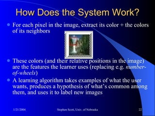 How Does the System Work? For each pixel in the image, extract its color + the colors of its neighbors These colors (and their relative positions in the image) are the features the learner uses (replacing e.g.  number-of-wheels ) A learning algorithm takes examples of what the user wants, produces a hypothesis of what’s common among them, and uses it to label new images 