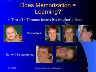 Does Memorization = Learning? Test #1: Thomas learns his mother’s face Memorizes: But will he recognize: 