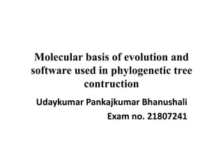 Molecular basis of evolution and
software used in phylogenetic tree
contruction
Udaykumar Pankajkumar Bhanushali
Exam no. 21807241
 