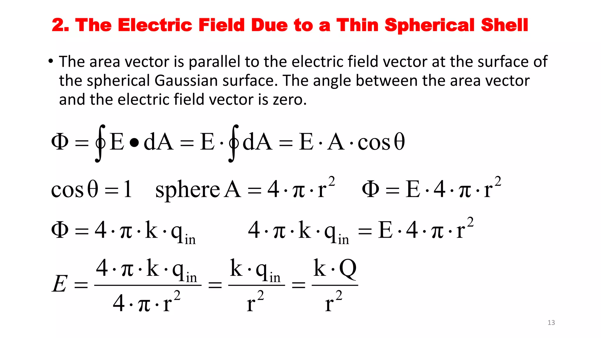 2. The Electric Field Due to a Thin Spherical Shell 
• The area vector is parallel to the electric field vector at the surface of 
the spherical Gaussian surface. The angle between the area vector 
and the electric field vector is zero. 
Φ E dA E dA E A cosθ 
         
cosθ 1 sphereA 4 π r Φ E 4 π r 
Φ  4  π  k  q 4  π  k  q  E  4  π  
r 
in 
2 2 
k Q 
k q 
2 2 
4 π k q 
2 
in 
2 
in in 
r 
r 
   
4 π r 
 
 
 
 
  
 
        
E 
13 
 